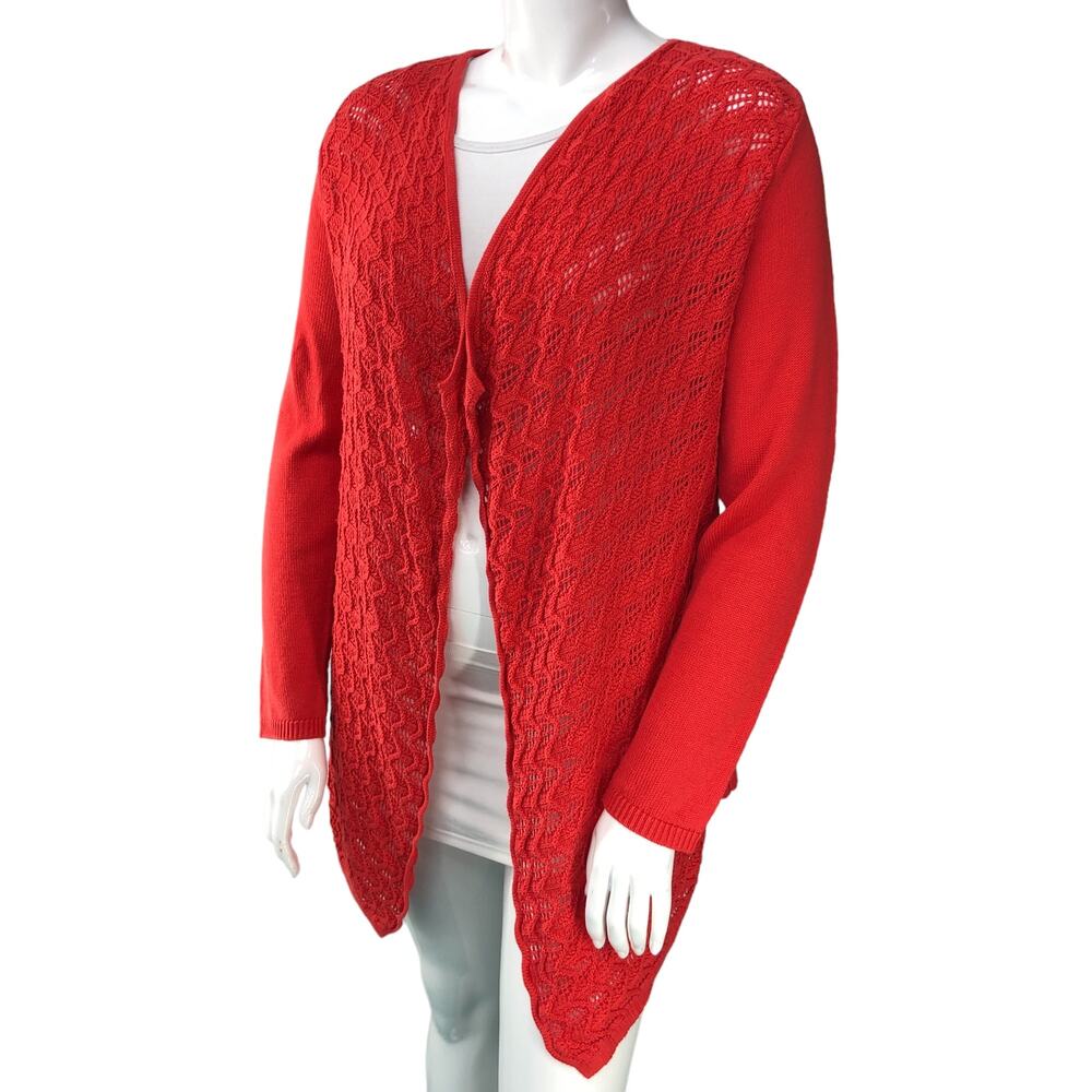Chicos Womens Size 2 US 10 Cardigan Open Front Sweater Open Knit Waterfall Red